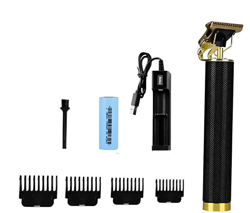 Black rechargeable electric hair clipper with gold steel blades and four comb attachments