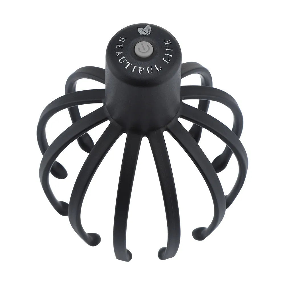 Black electric scalp massager with TPE 3D massage arms and USB charging cable