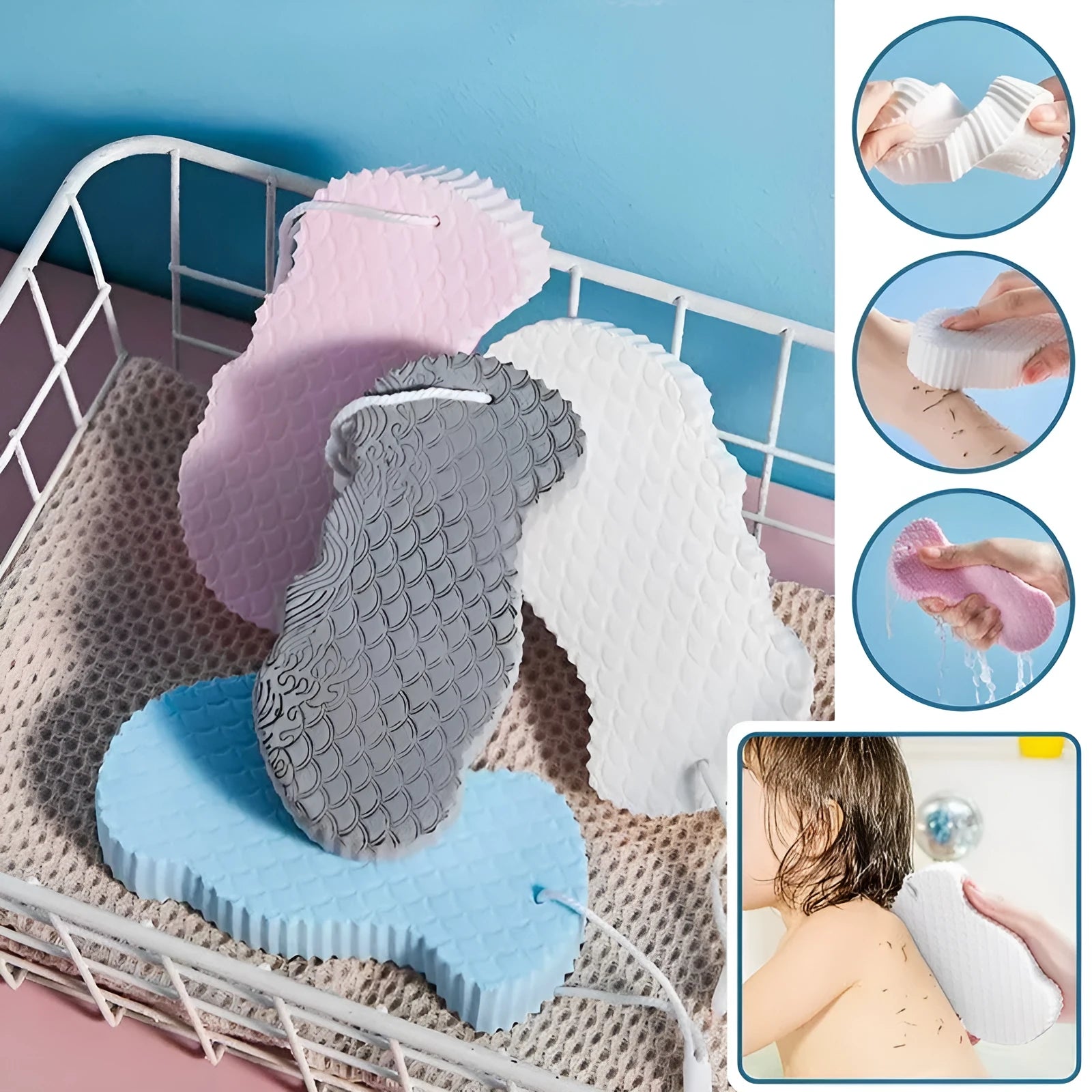 White 3D fish scale pattern bath sponge ball for gentle body exfoliation in the shower