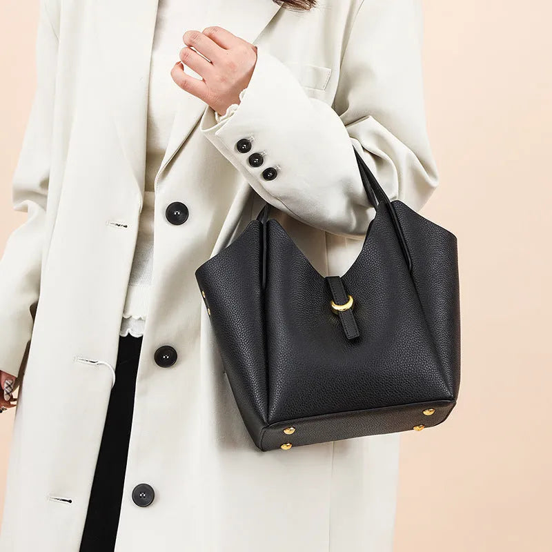 Genuine leather retro bucket bag with file compartment in lake blue colour option