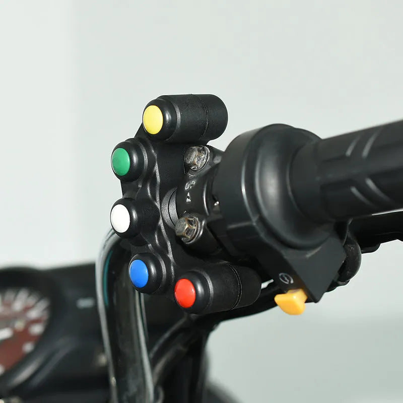 Plastic five-position vehicle switch with red, yellow, blue, green, and white buttons and a 52cm black wire.
