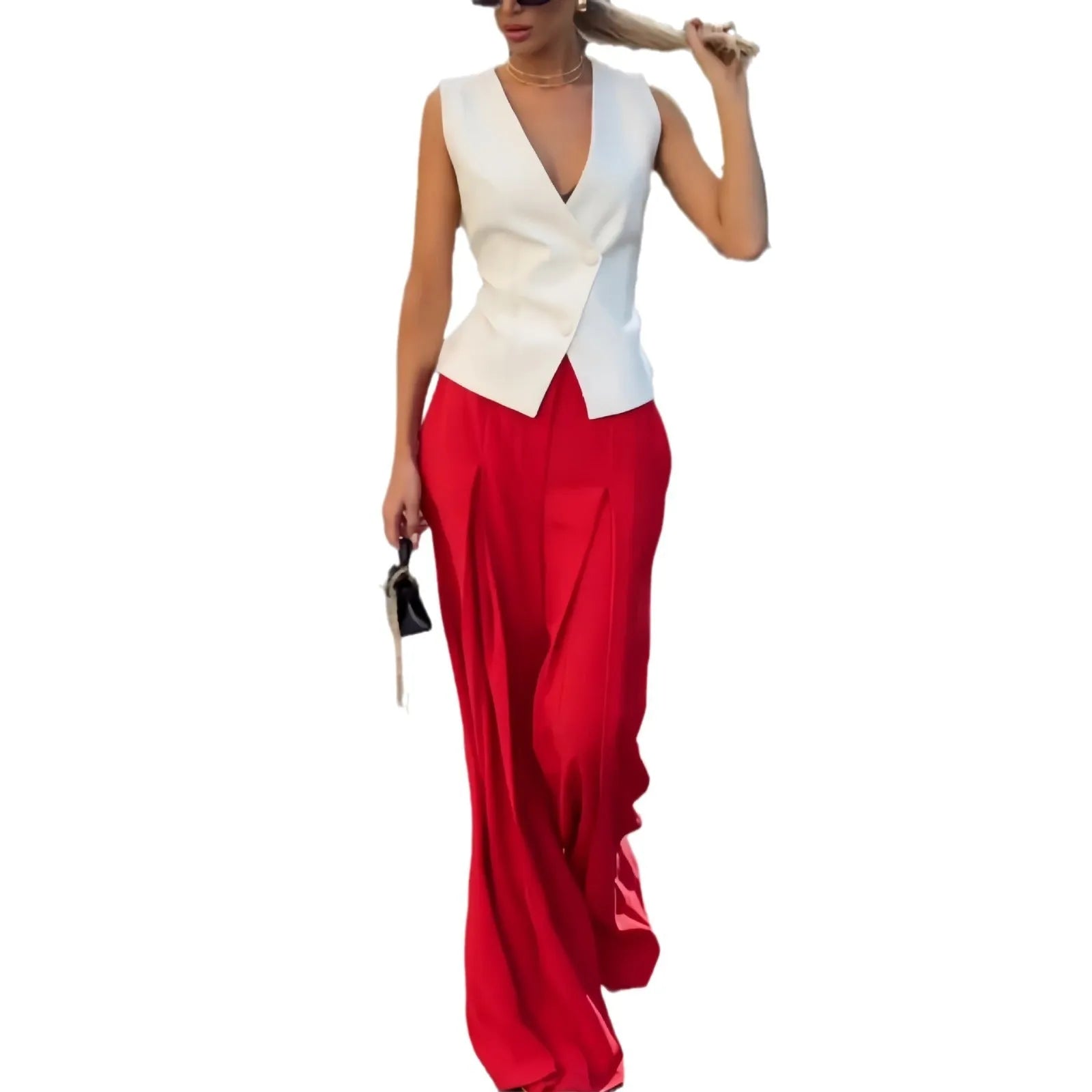 Women's beige deep V-neck sleeveless top and high waist wide leg pants two-piece set on model