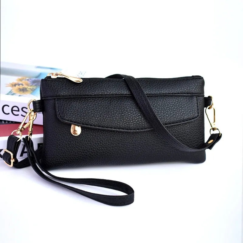 Simple soft PU crossbody shoulder bag in a horizontal square shape with sandwich zipper internal structure