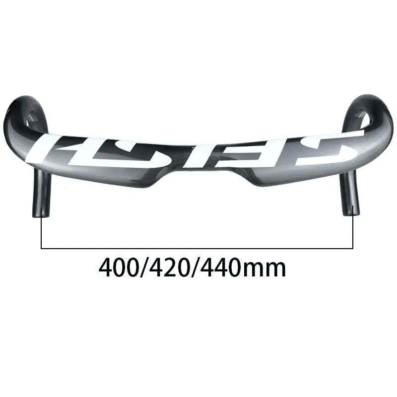 Carbon fibre road bike drop handlebar in black light finish with 31.8mm clamp and internal cable routing ports