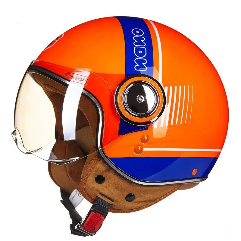 Battery car half helmet in Bright White Red Blue colour, lightweight semi-covered ABS construction, size M to XL