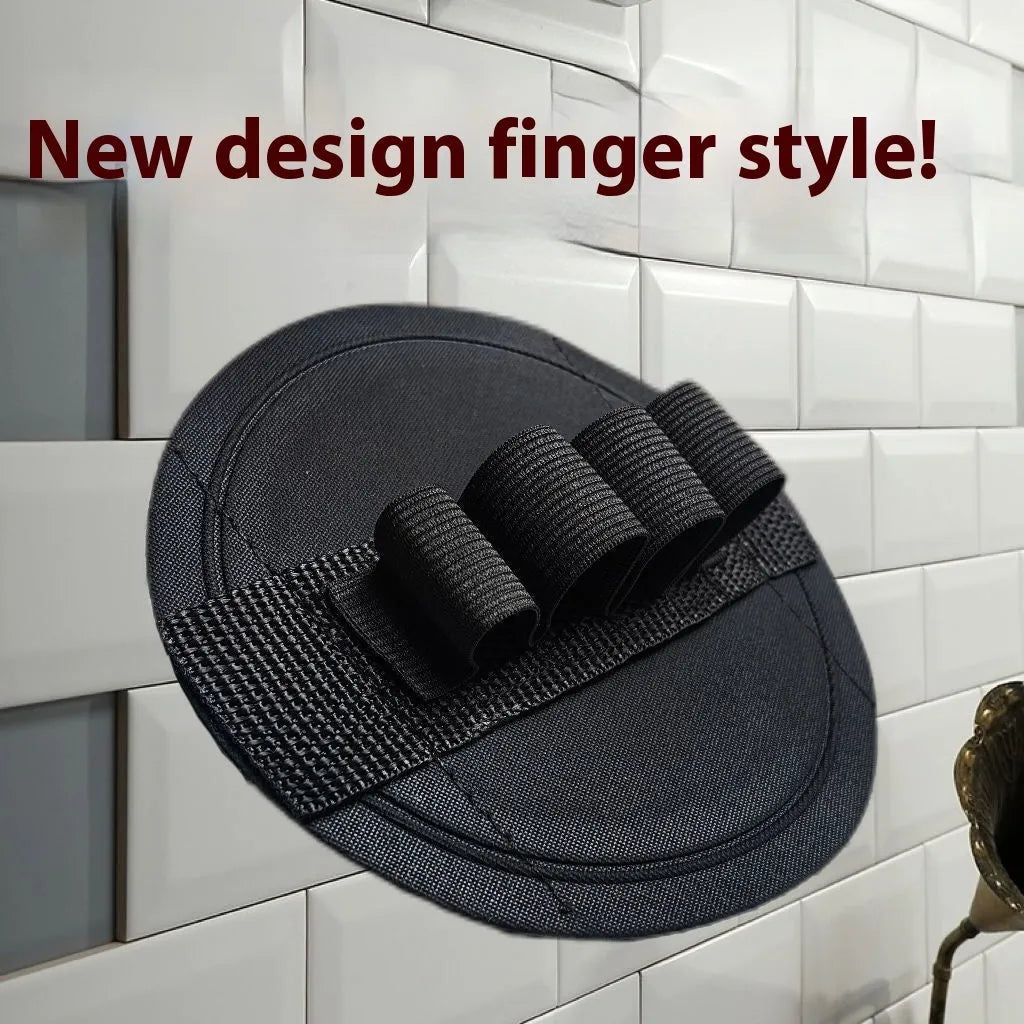 Round cake finger style rubber bath gadget with integrated finger strap