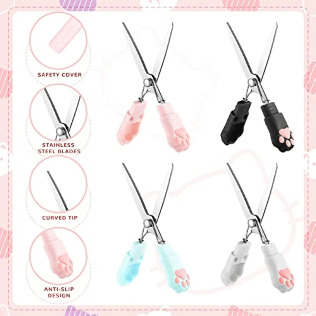 Cat paw mini folding safety scissors showing folded position with stainless steel blades and decorative handle