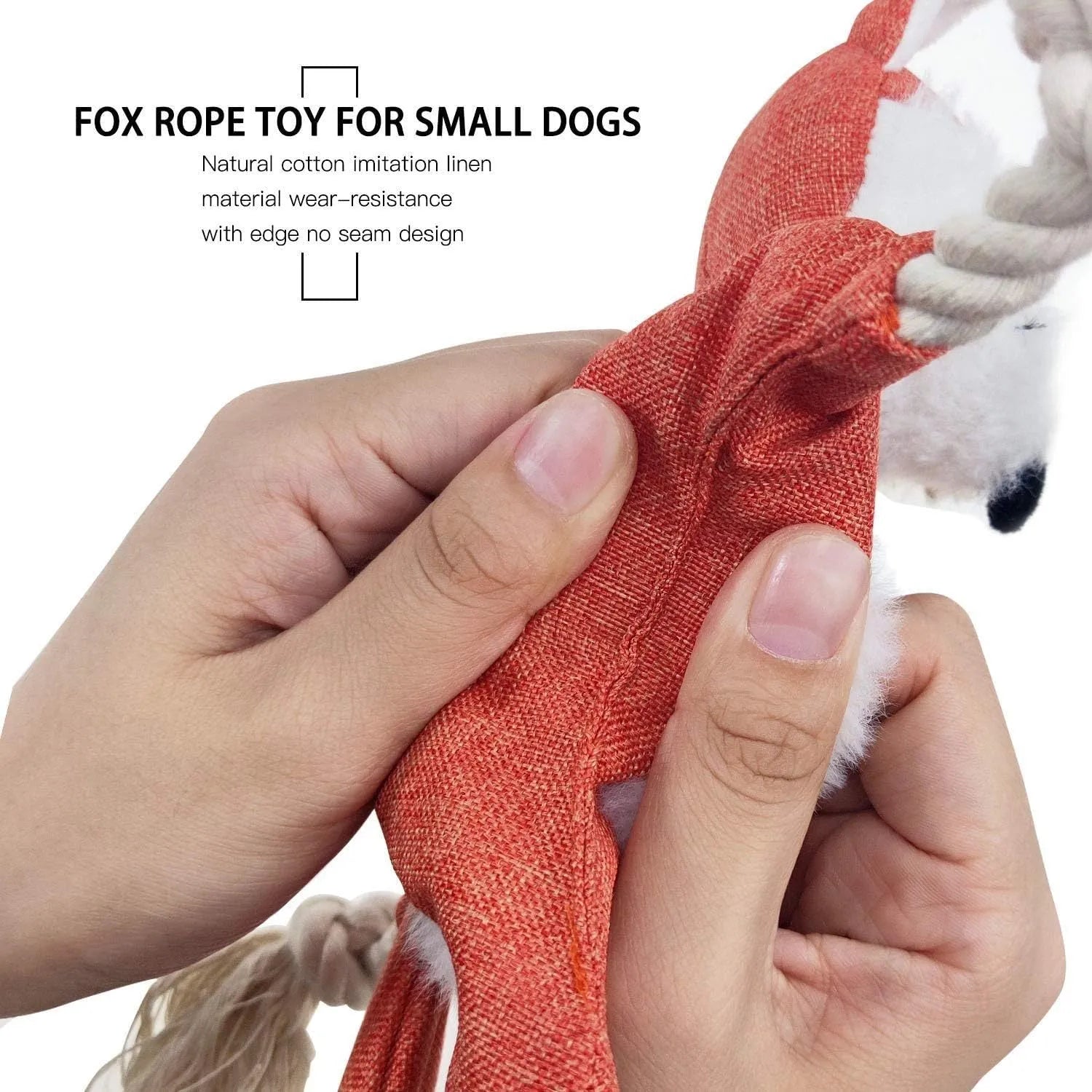 Brown plush fox dog toy with embroidered eyes, cotton rope limbs, and a squeaker in its head.