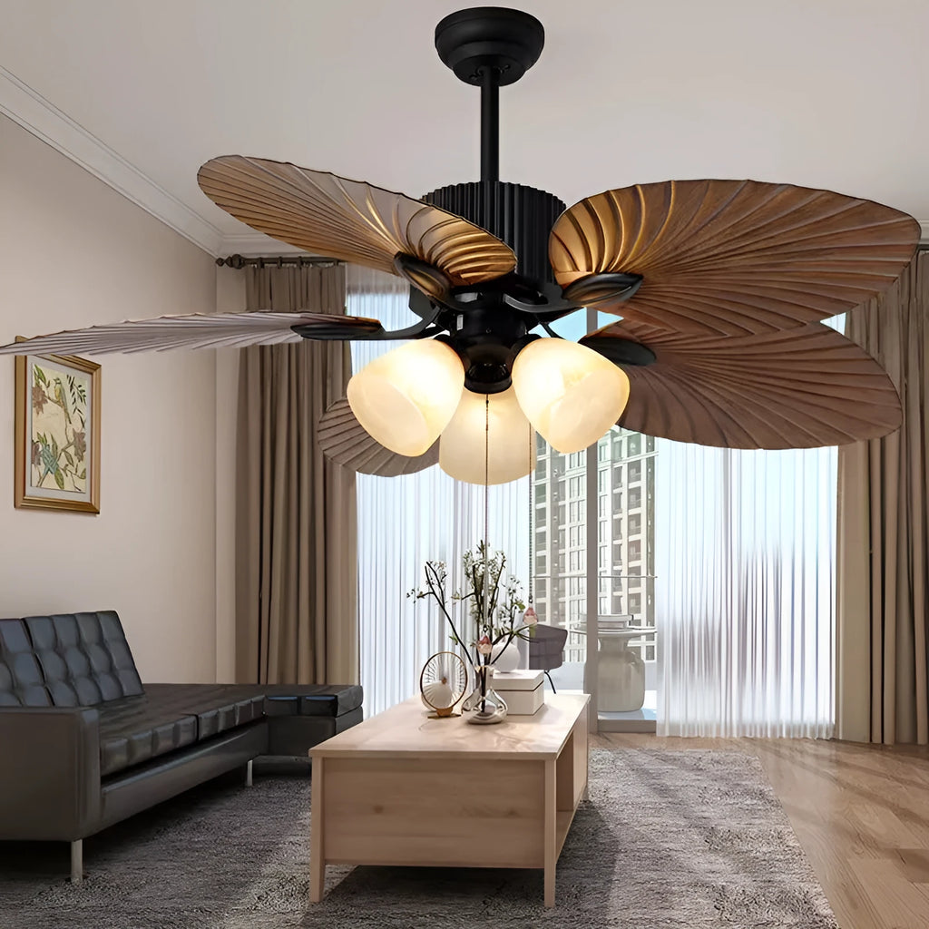 52-inch retro ceiling fan light with wooden blades and five copper lampshades