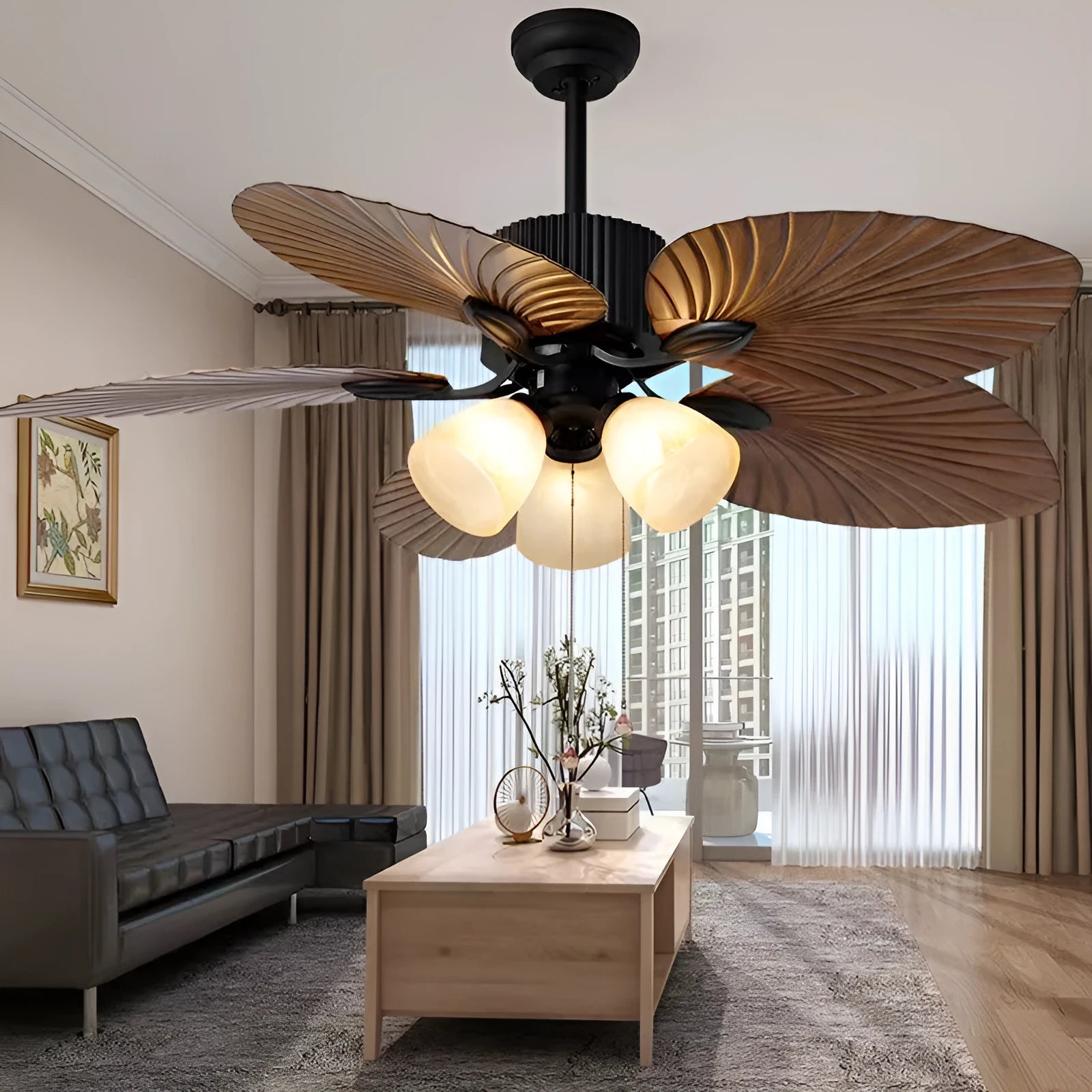 52-inch retro ceiling fan light with wooden blades and five copper lampshades
