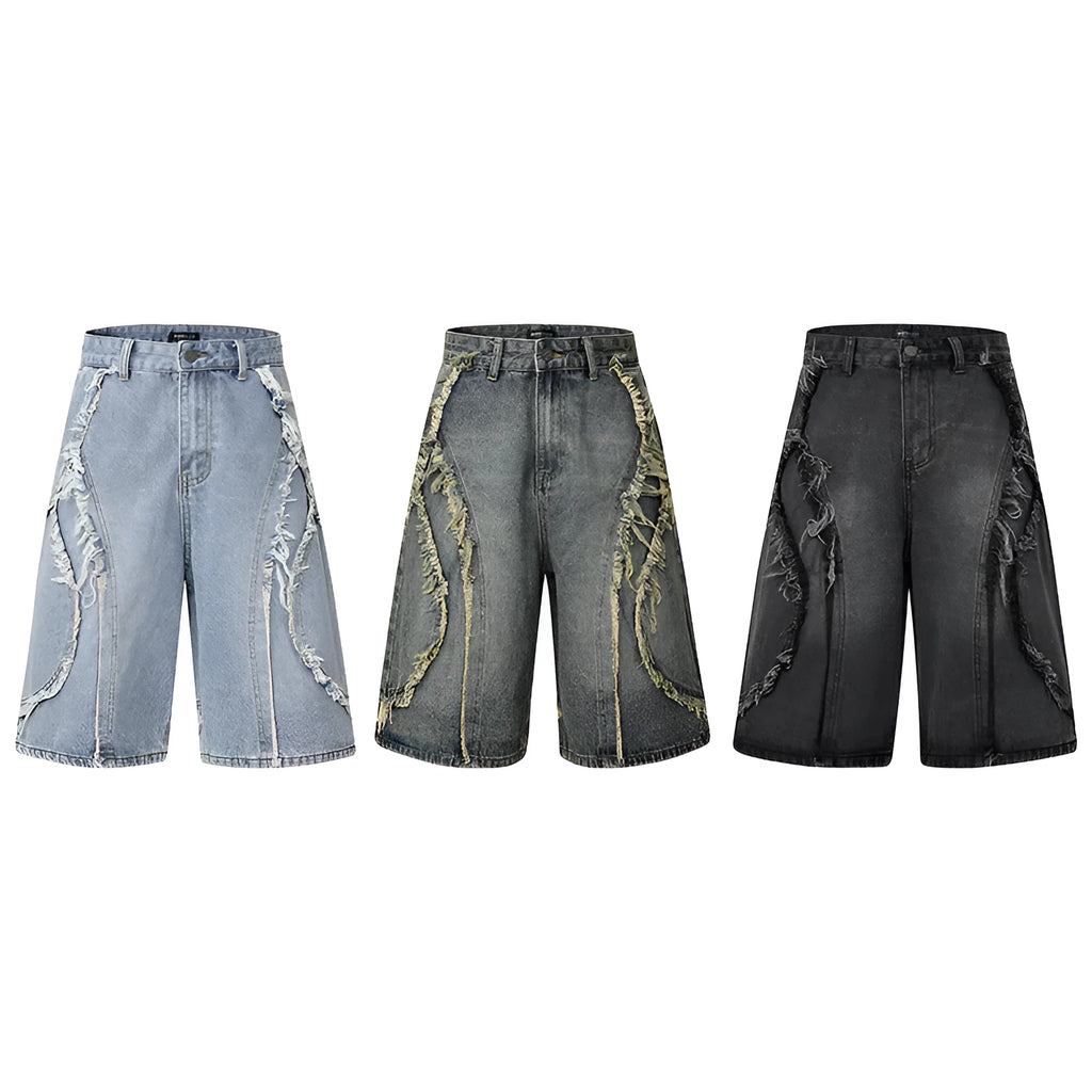 Men's distressed denim shorts with raw edge hem in straight leg cropped cut, available in black, dark blue and light blue