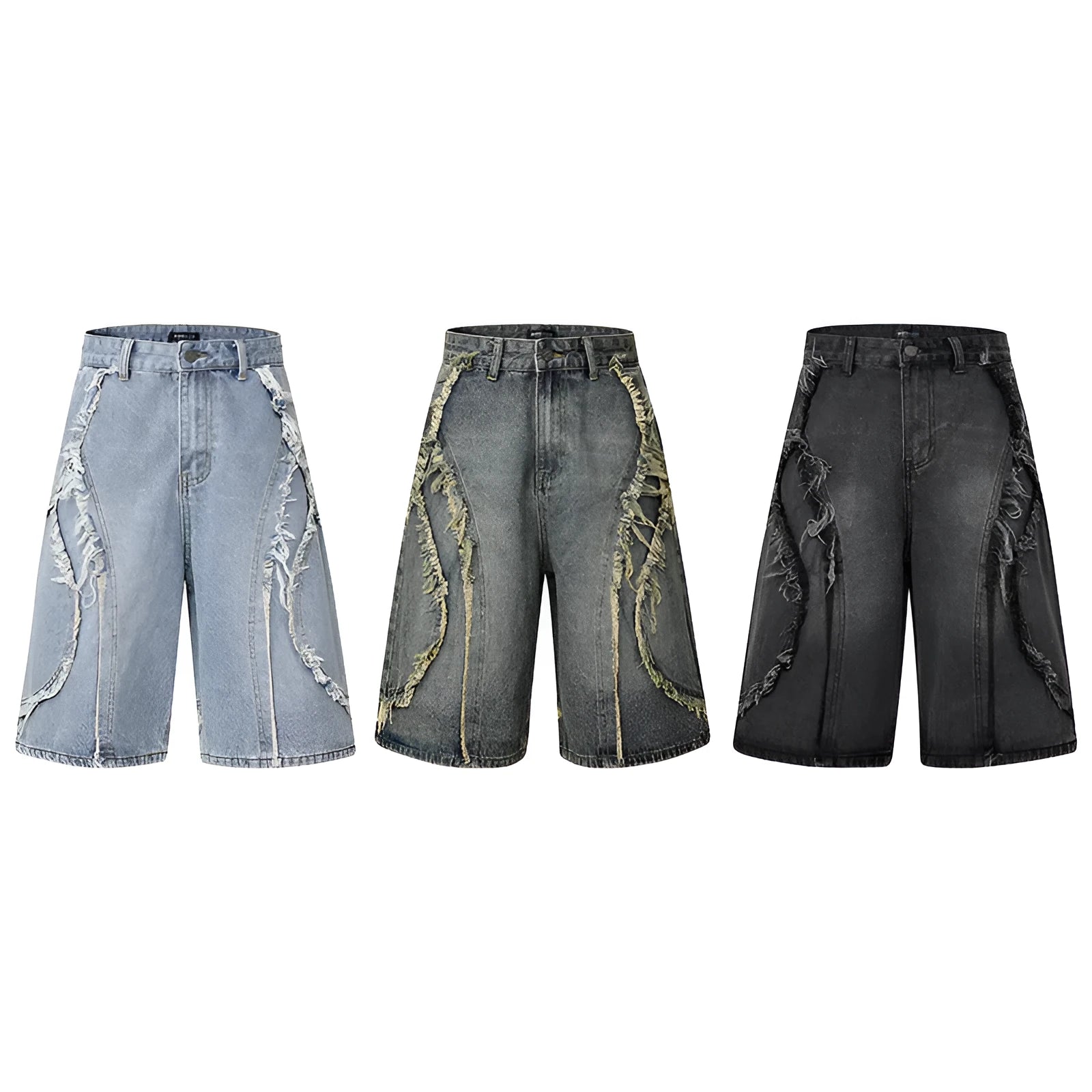 Men's distressed denim shorts with raw edge hem in straight leg cropped cut, available in black, dark blue and light blue