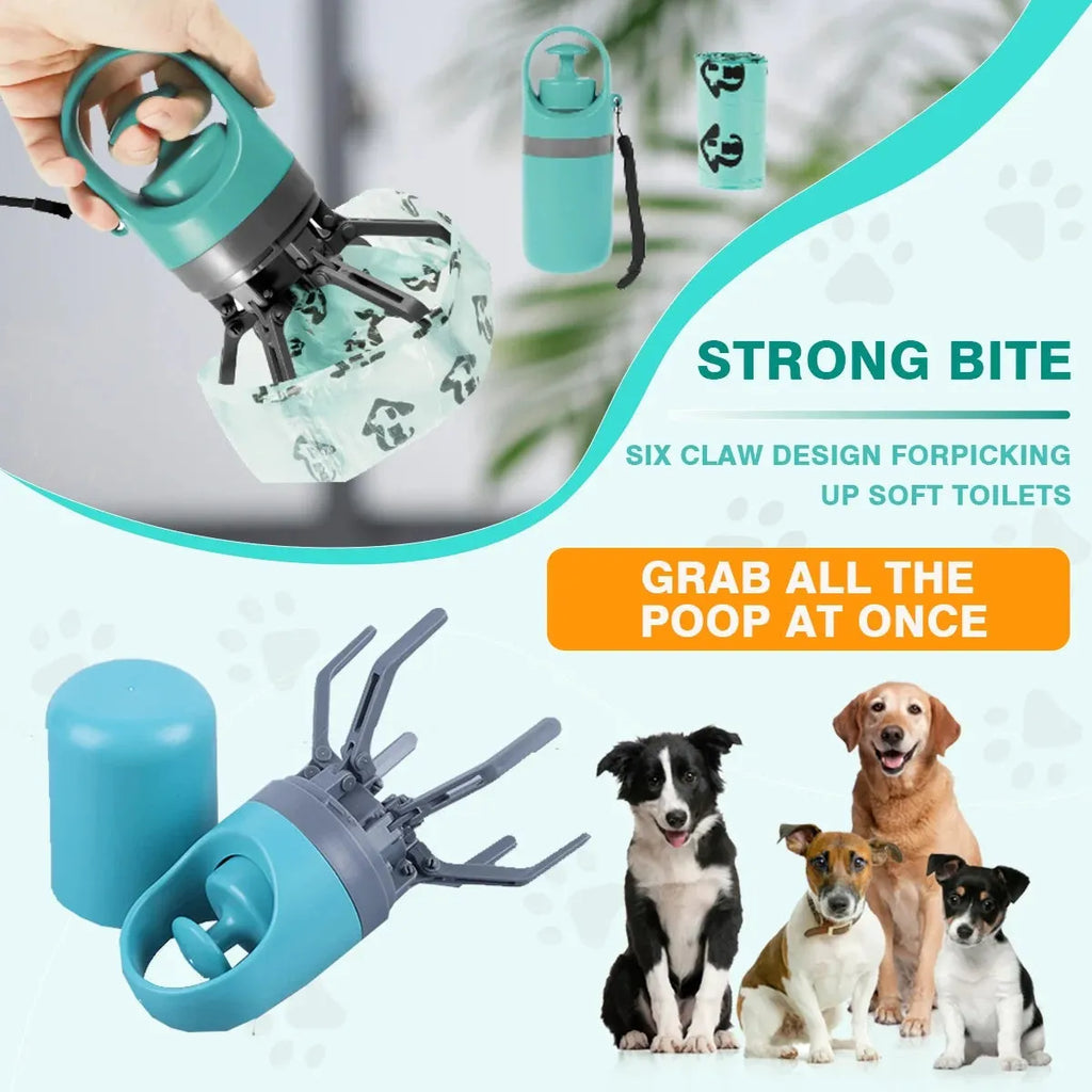 Blue dog pooper scooper with claw mechanism and bag dispenser on grass