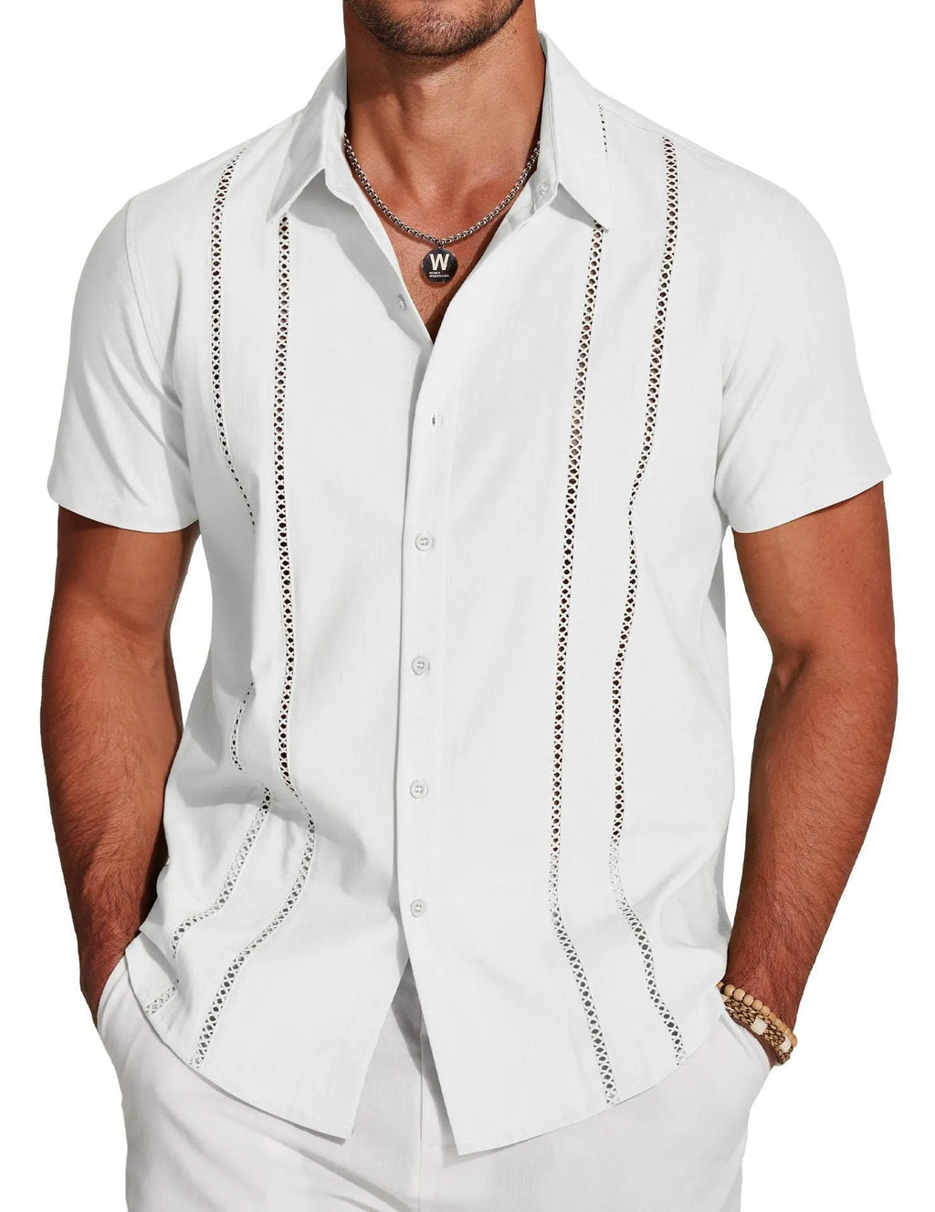 Men's slim fit digital print Hawaiian short sleeve shirt in four-sided elastic polyester, size S to 6XL
