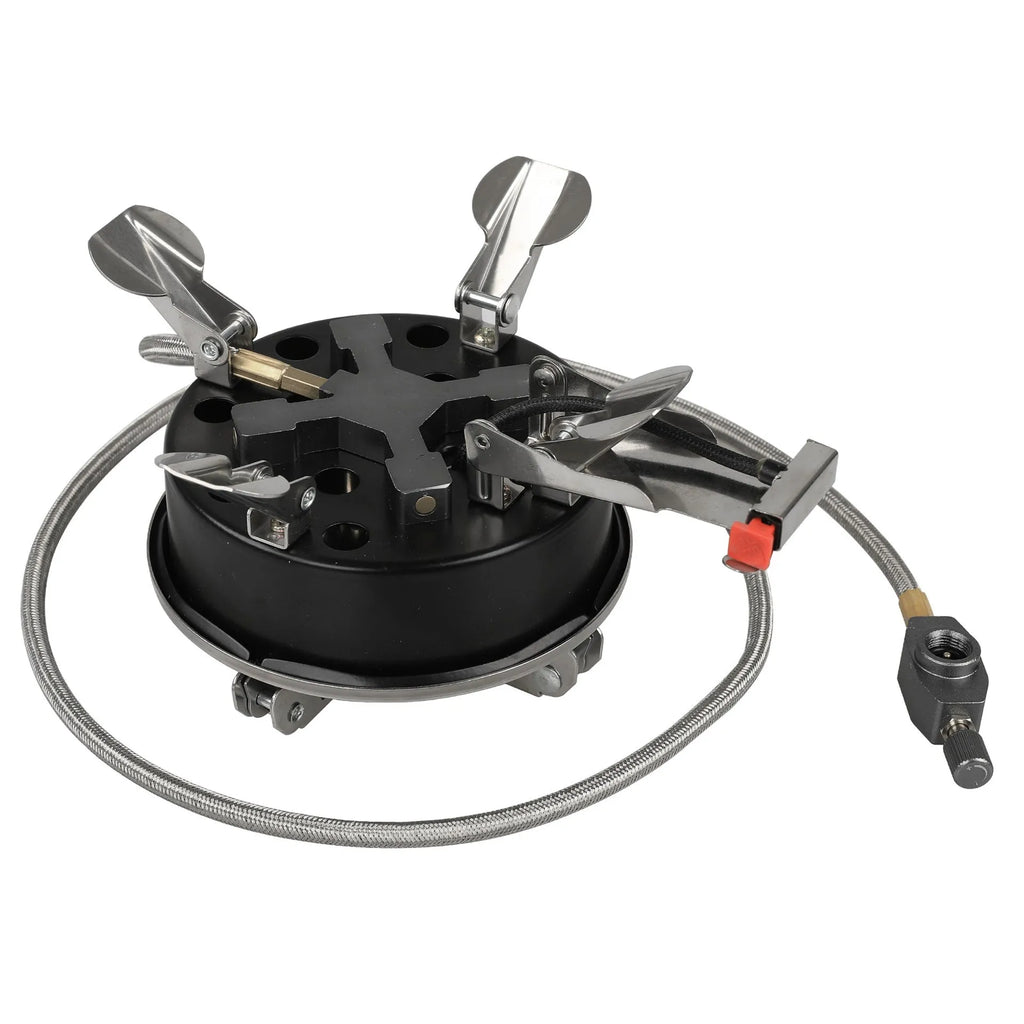 Silver portable split camping stove with stainless steel construction and 100cm hose