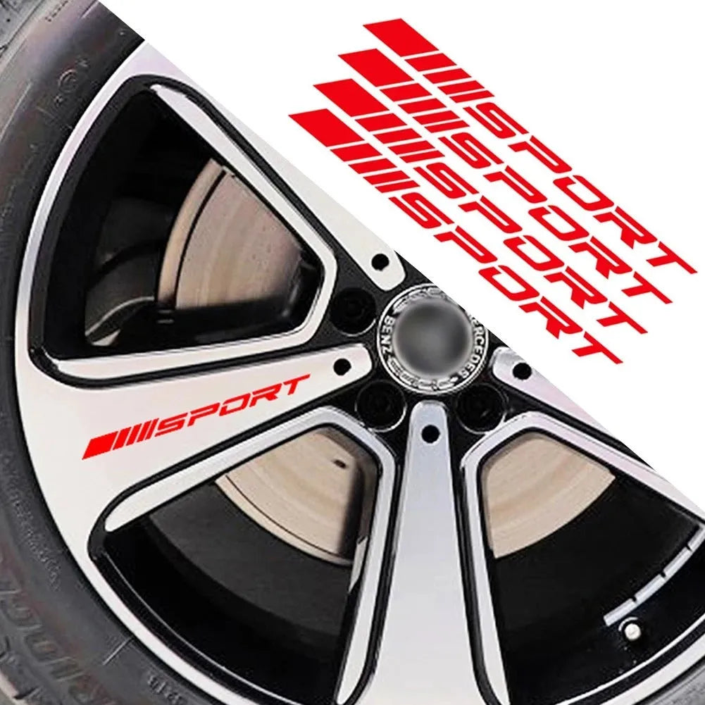Black sports design car rim sticker on alloy wheel with hollow cut-out pattern