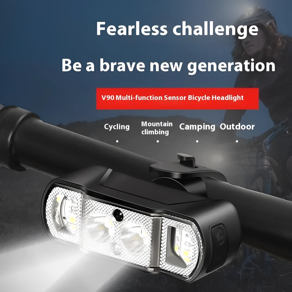Black bicycle headlight with ABS housing, XPG-LED, and wave induction feature, 350 lumens output