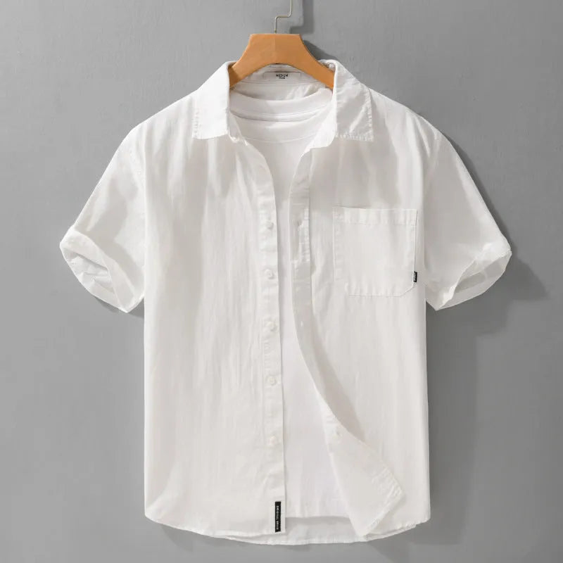 Men's cotton short sleeve cardigan shirt in white loose fit for summer