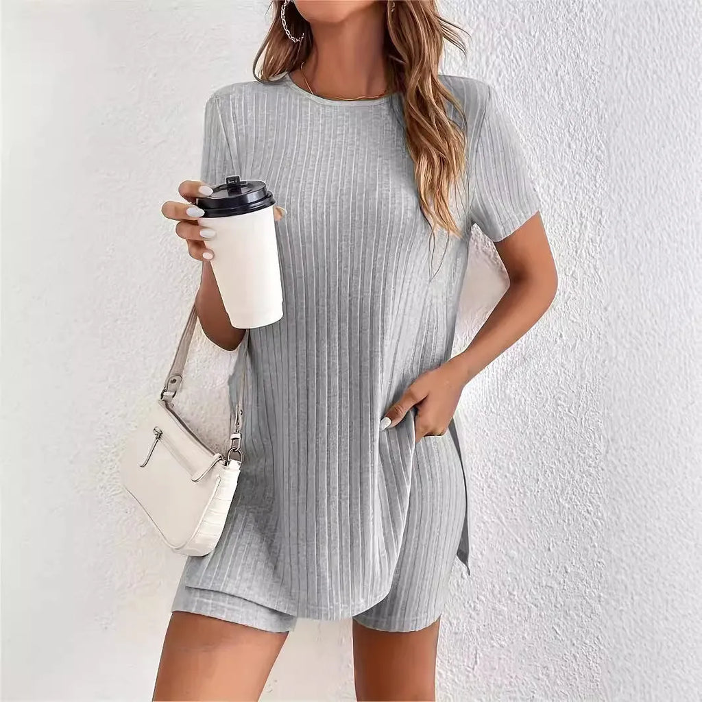 Women's casual crew neck short sleeve shorts suit in cotton blend, black color option, front view