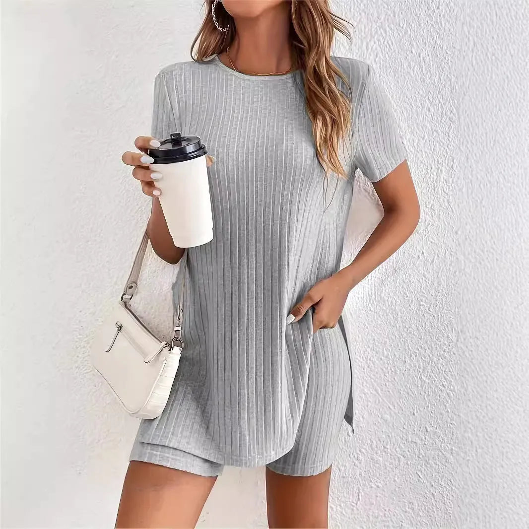 Women's casual crew neck short sleeve shorts suit in cotton blend, black color option, front view