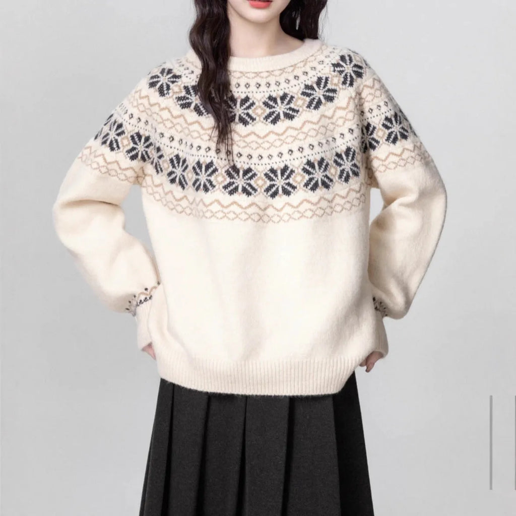 Women's milky white fair isle sweater with geometric pattern, crew neck, and long sleeves