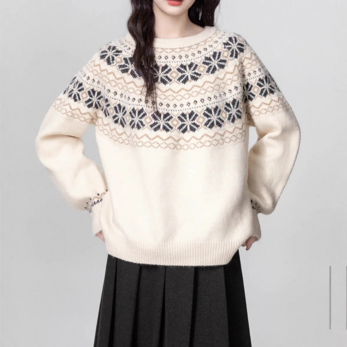 Women's milky white fair isle sweater with geometric pattern, crew neck, and long sleeves