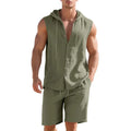 Men's linen sleeveless shirt and shorts suit set in army green, front view
