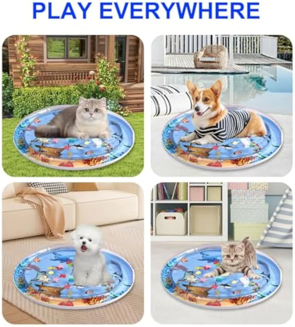 Blue 0.5mm thickened cat water mat with ocean fish toys and inflator, 90cm diameter, on floor