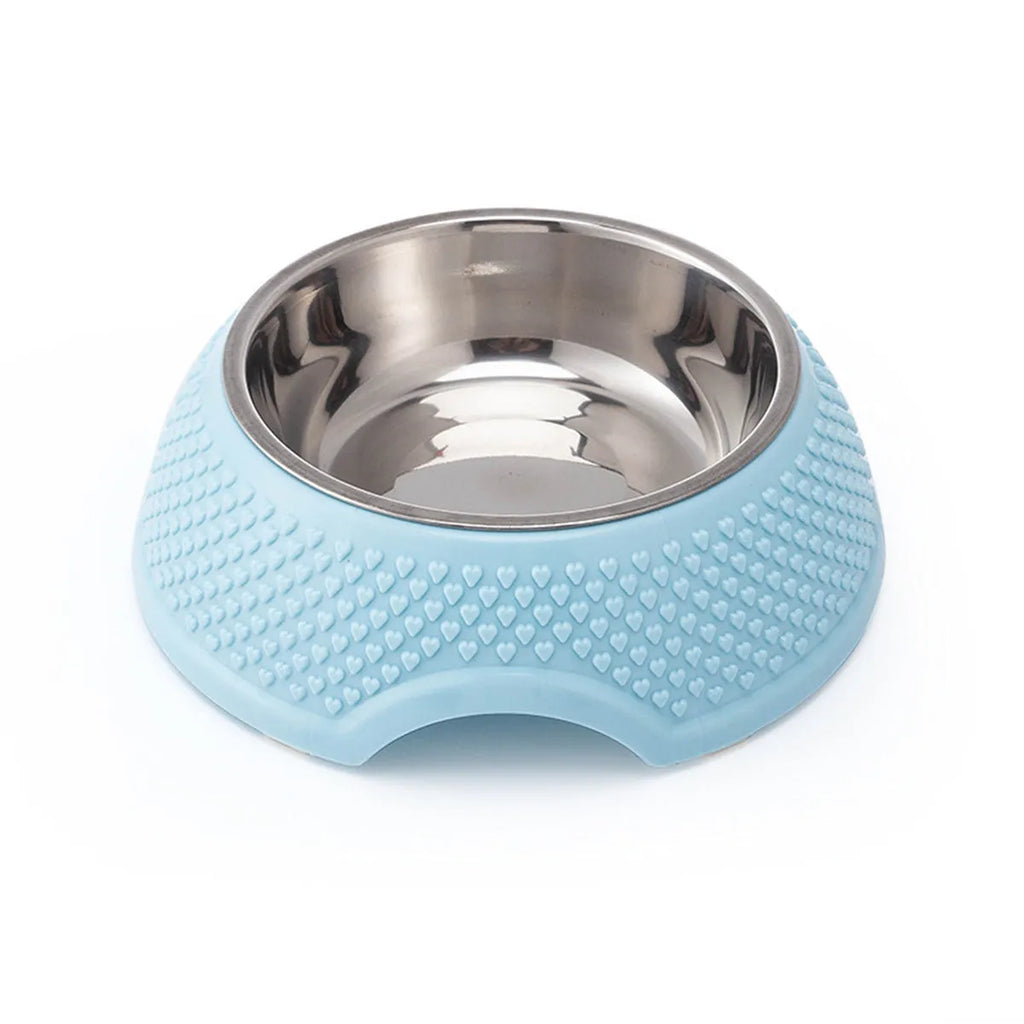 Stainless steel cat food bowl with non-slip base in blue colour on a grey background