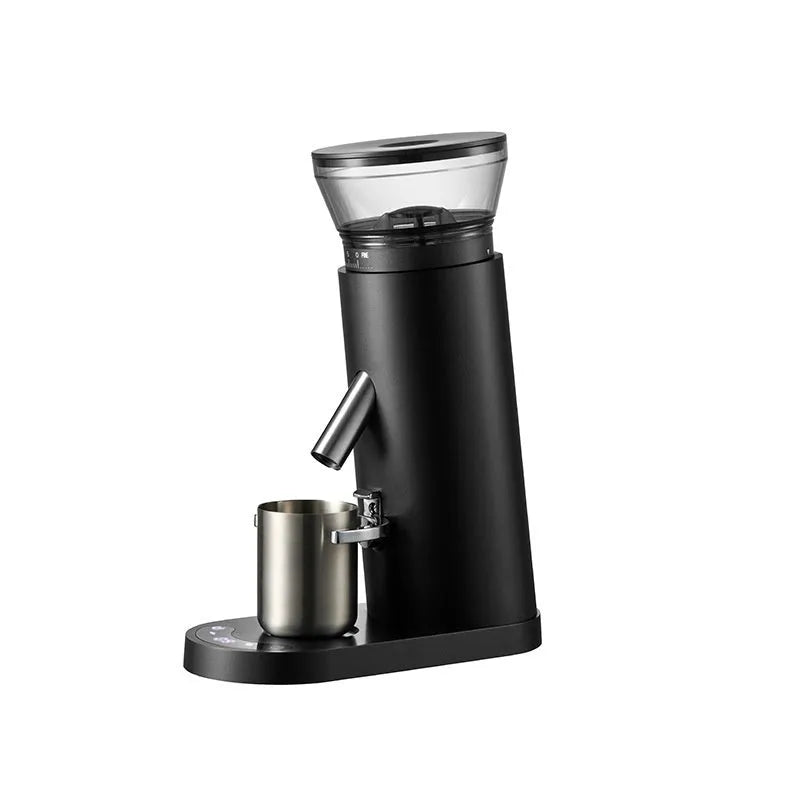 Portable electric coffee grinder and machine in stainless steel with 0.5L capacity.