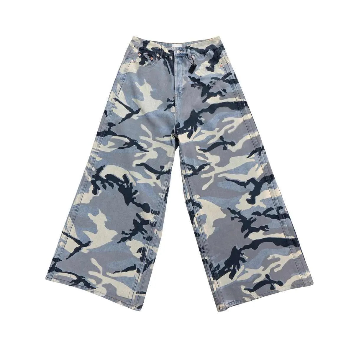 Snow camouflage blue jeans with mid-waist loose-fit design and micro-elastic cotton denim construction