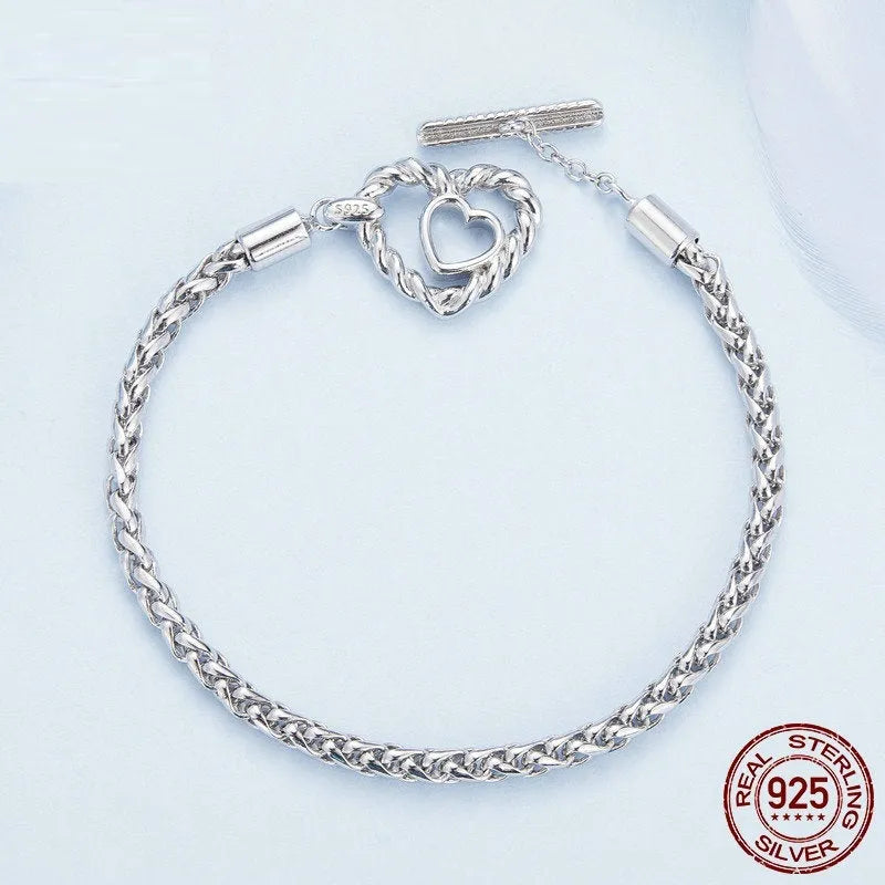 S925 sterling silver heart-shaped base bracelet on a light background showing 17cm and 19cm sizes