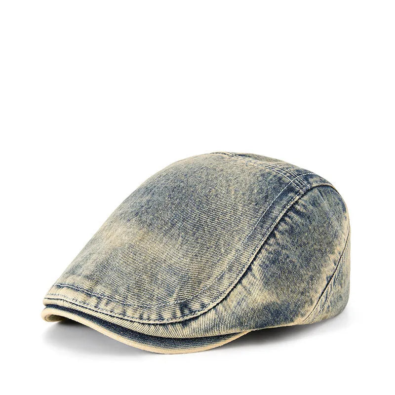 Men's denim flat top cap in washed cotton, breathable and windproof, available in six colours