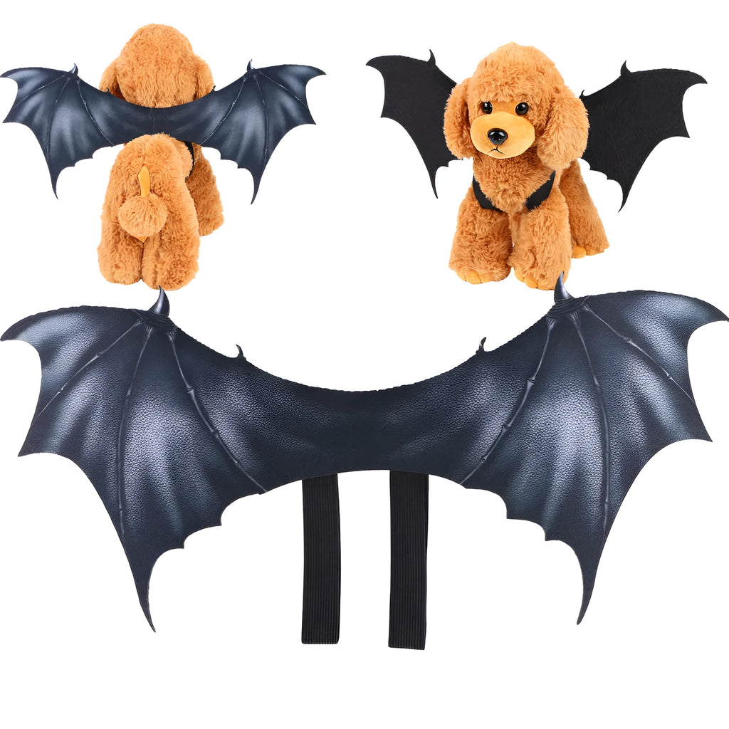 Black cloth bat wing costume for dogs and cats on a pet, showing three available sizes.