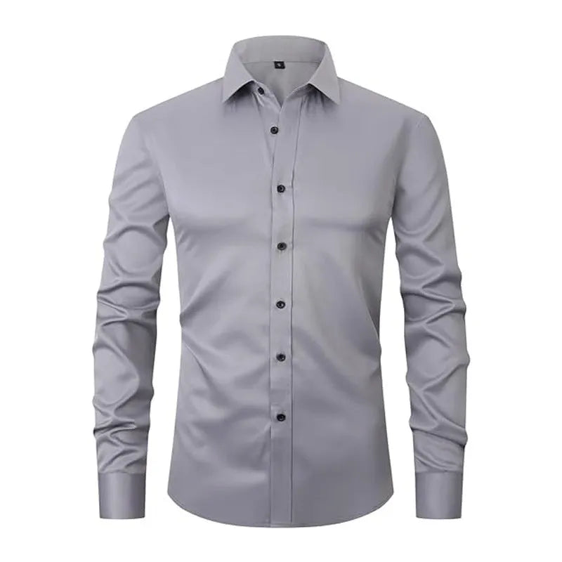 Men's stretch polyester long sleeve work shirt shown in a light colour on a hanger