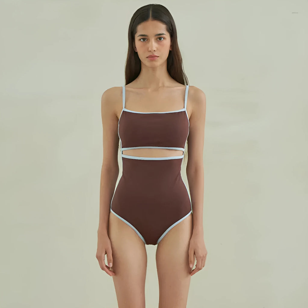 Brown triangle one-piece swimsuit for women in nylon fabric with sexy pattern design