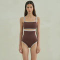 Brown triangle one-piece swimsuit for women in nylon fabric with sexy pattern design