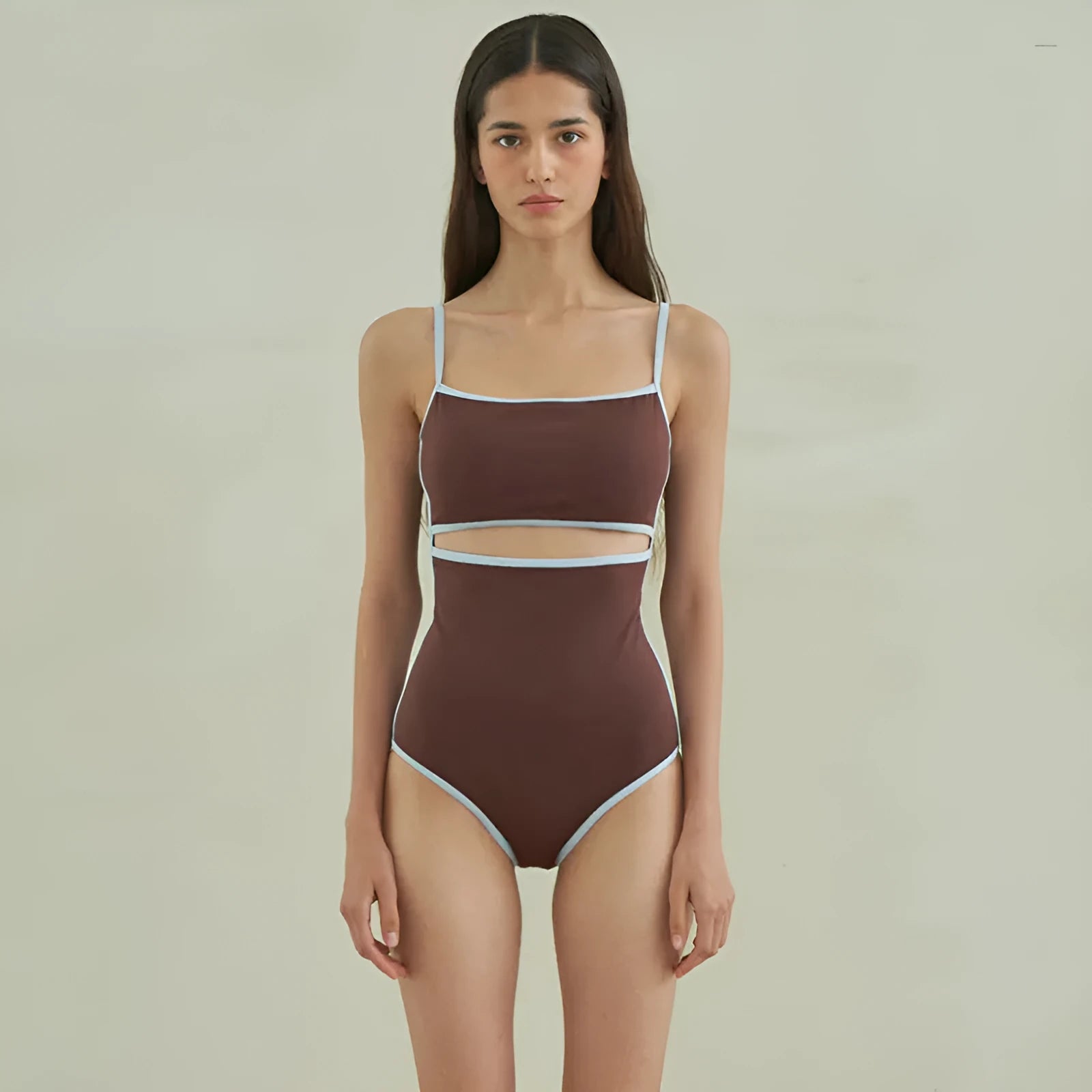 Brown triangle one-piece swimsuit for women in nylon fabric with sexy pattern design