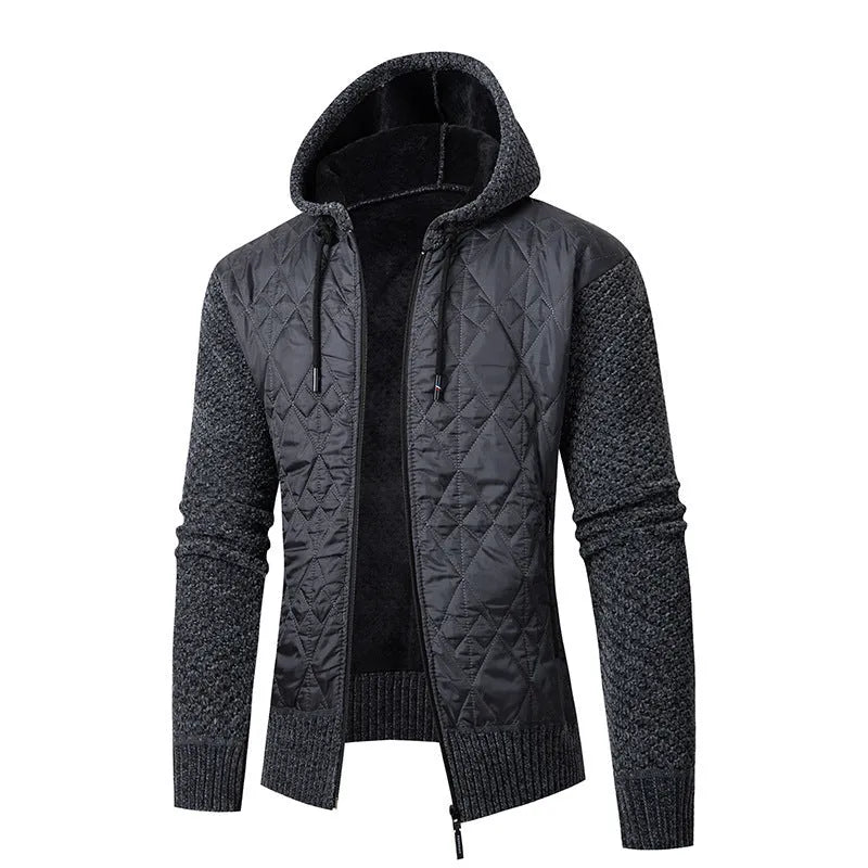 Men's grey hooded corduroy sweater coat with cinched waist showing wool texture and cardigan style