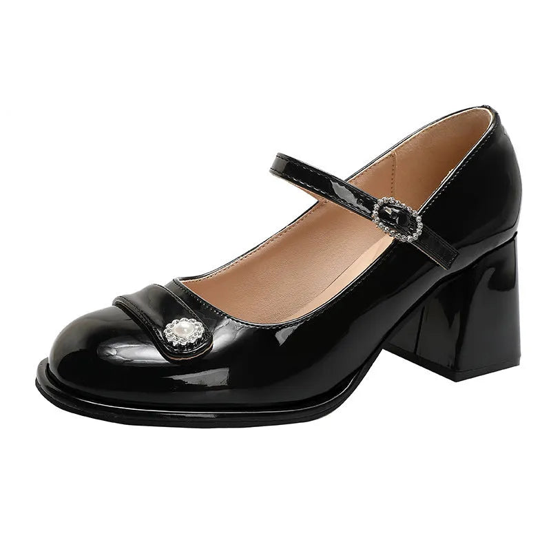 Women's black patent leather high heels with chunky heel and round toe for wide feet