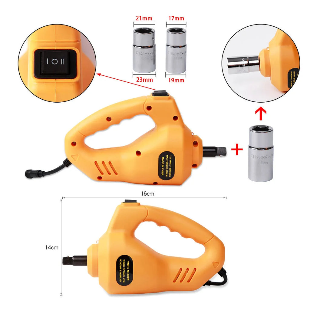 Yellow car electric jack set with cordless electric wrench for tyre changes