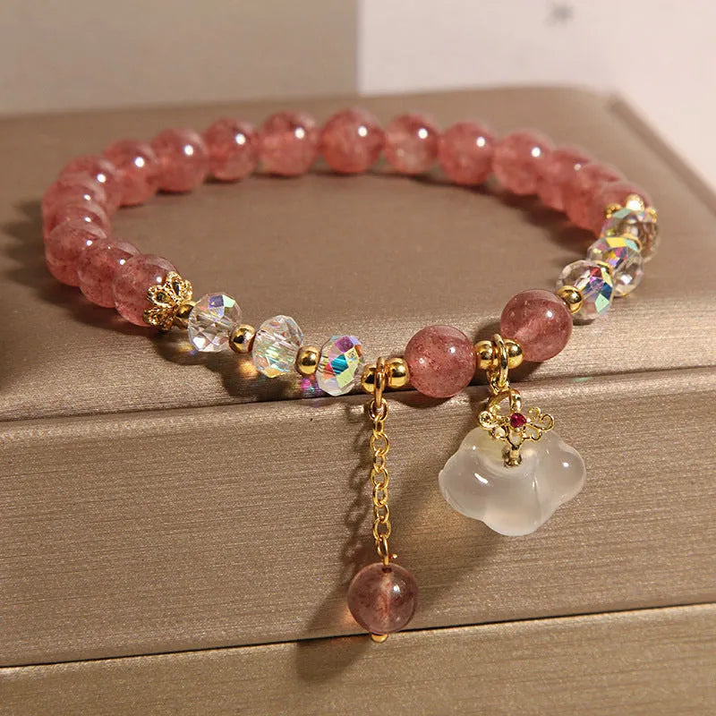 Women's natural strawberry quartz and white agate bracelet auspicious clouds design 40g