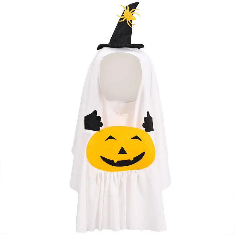 White viscose fibre dog suit with pumpkin ghost Halloween print on a pet model