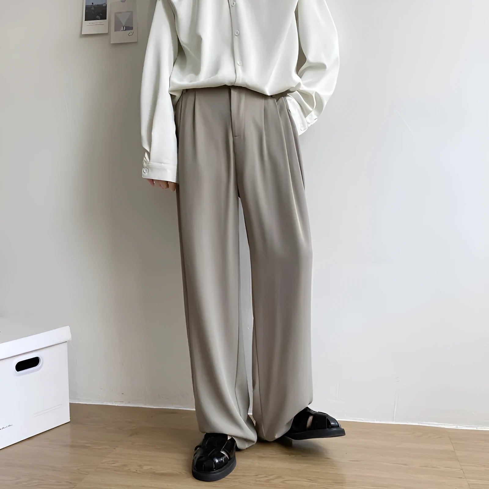 Men's loose straight casual trousers in solid colour, white black light gray polyester fabric