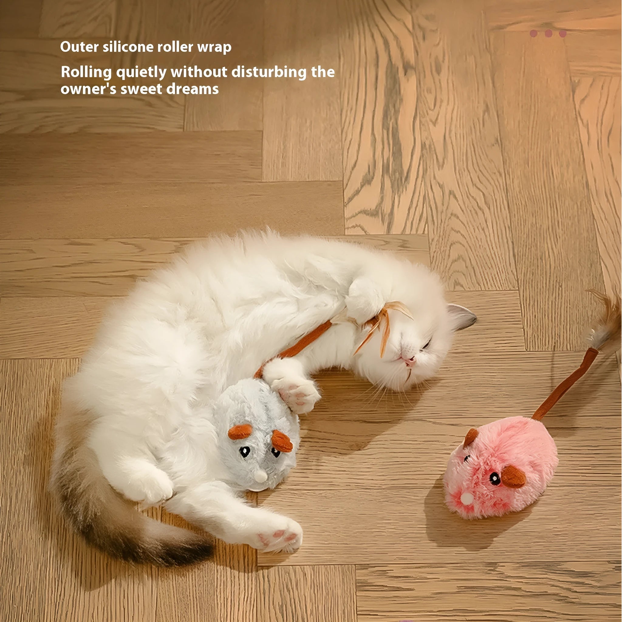 Electric cat pole toy with plush mouse in pink, dark grey, or purple colour options