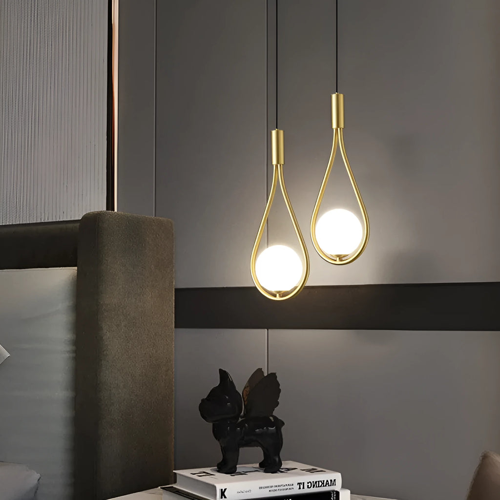Modern minimalist bedside chandelier in copper honeycomb, copper milky white, or black gold finish with milky white shade