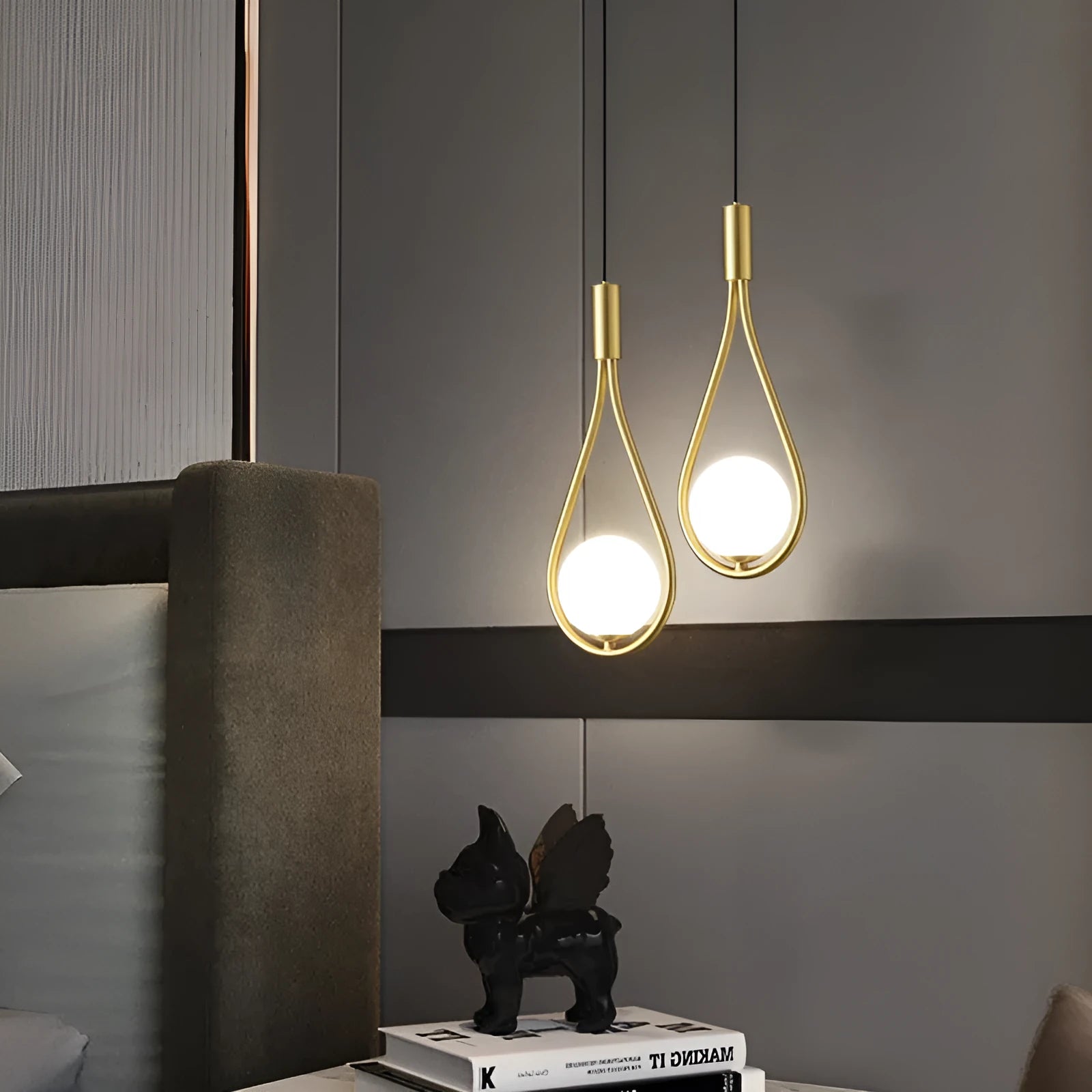 Modern minimalist bedside chandelier in copper honeycomb, copper milky white, or black gold finish with milky white shade