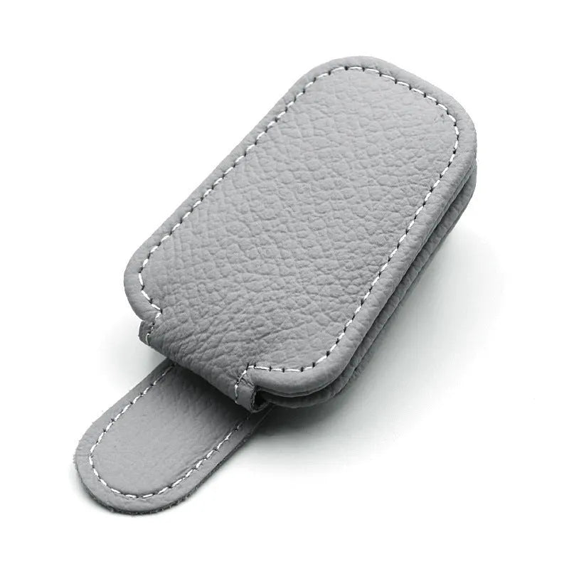 Car sunglasses holder made from PU leather clipped onto sun visor, beige colour, universal size