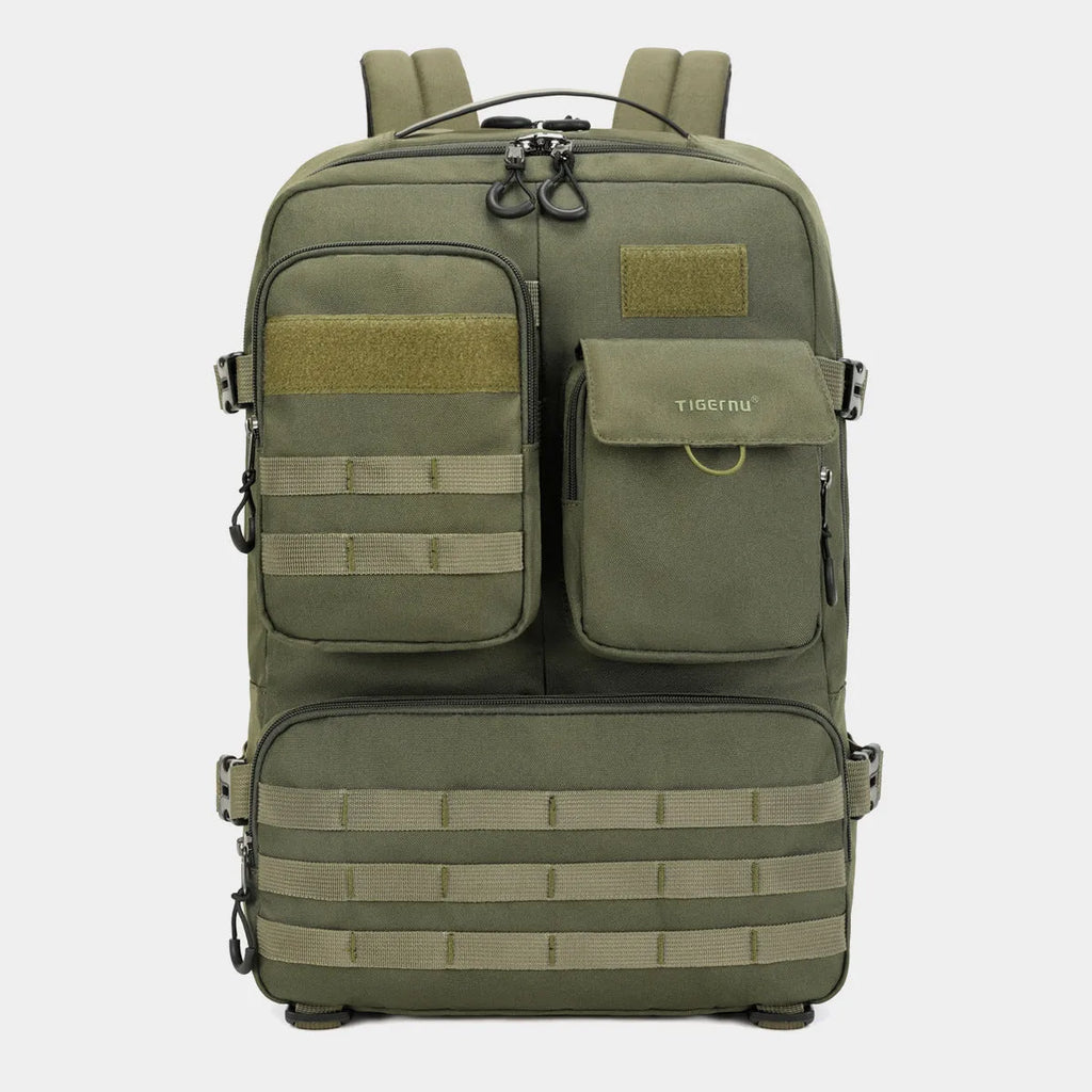 Army Green tactical waterproof backpack showing 17-inch laptop sleeve and wear-resistant nylon construction.