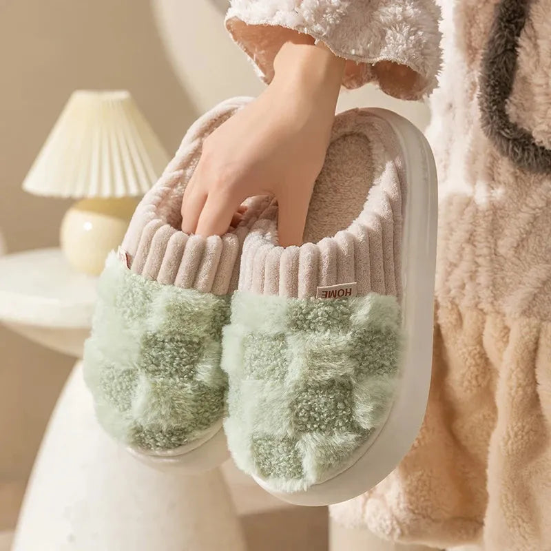 Women's plaid patterned plush slippers with non-slip sole in multiple colour options